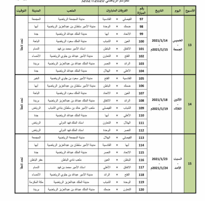 جدول الجولات العاشرة والحادية عشر والثانية عشر الدوري السعودي موسم